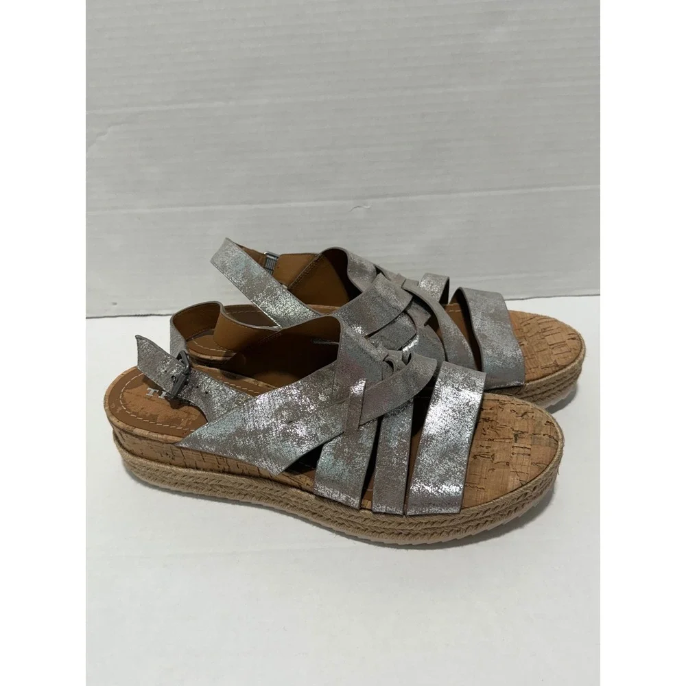 Trask Sandals Cork Wedge Strappy Metallic Silver Casual‎ Shoes Women's 11M